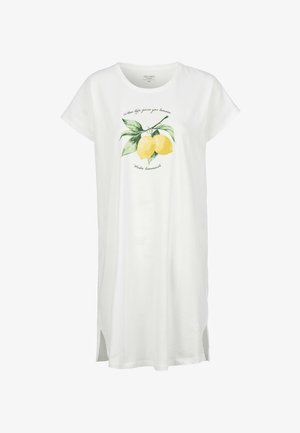 Hvid bomulds t-shirt kjole med korte ærmer, prydet med en citron grafik og teksten "Når livet giver dig citroner, så lav lemonade." Sideslidser.