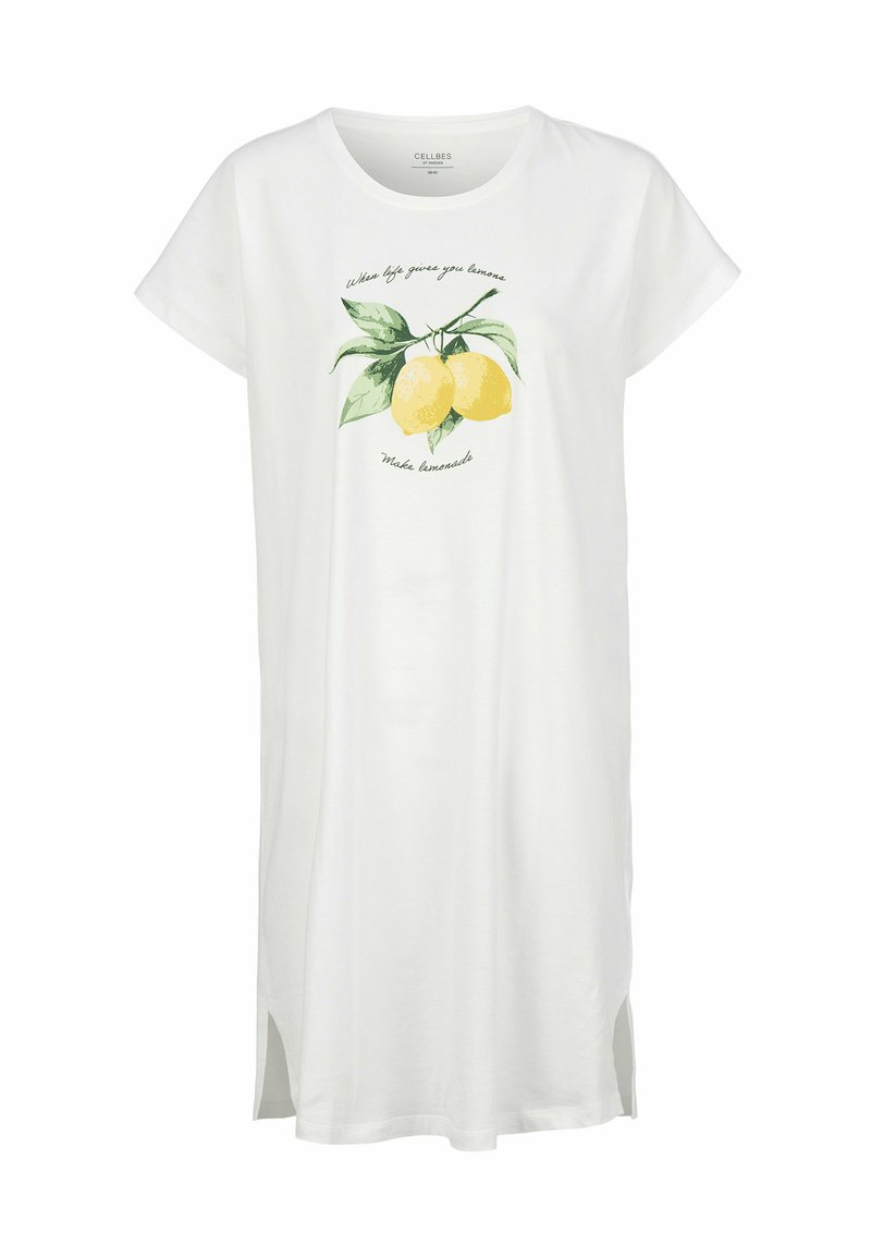 Vit bomullst-shirtklänning med korta ärmar, med en citron grafik och texten "När livet ger dig citroner, gör lemonad." Sidslitsar.
