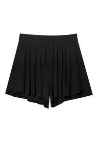 Shorts noirs amples avec une taille élastique et un cordon de serrage à l'avant, présentant un ourlet légèrement évasé et un tissu léger.