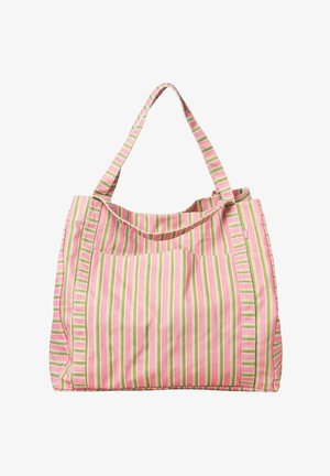 Pink og grøn lodret stribet tote taske med to lange håndtag og en udvendig forlom.