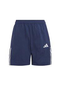 Navy blue athletic shorts with an elastic waistband, featuring white three-stripe accents on the sides and an Adidas logo on the front.