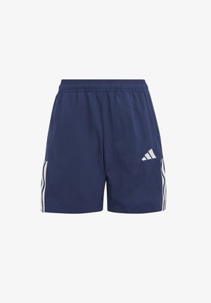 Marineblauwe sportshorts met een elastische tailleband, voorzien van witte drie-strepenaccenten aan de zijkanten en een Adidas-logo aan de voorkant.