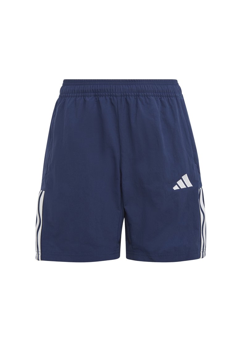 Navy blue athletic shorts with an elastic waistband, featuring white three-stripe accents on the sides and an Adidas logo on the front.