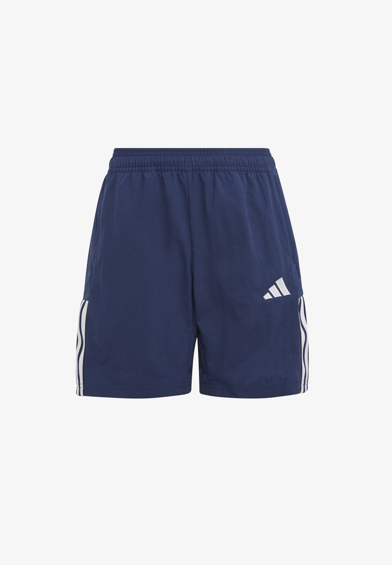 Pantaloni sportivi blu navy con elastico in vita, caratterizzati da accenti bianchi a tre strisce sui lati e un logo Adidas sul davanti.