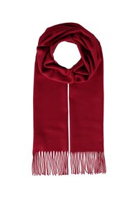 Bufanda roja hecha de tela suave. Presenta una textura lisa y bordes con flecos. Diseñada en una forma rectangular y larga para un estilo versátil.