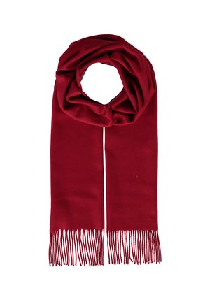 Écharpe rouge en tissu doux. Présente une texture lisse et des bords frangés. Conçue dans une forme longue et rectangulaire pour un style polyvalent.