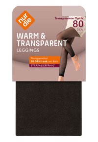 Zwarte leggings met het label "Warm & Transparent" en een 20 DEN look. De verpakking toont het been van een model en duidelijke branding. Zachte, rekbare textuur.