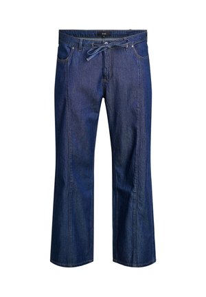 Tumed sinised teksad, millel on mugav lõige, nööri talje ja klassikaline viie tasku disain. Tugevad õmblused on nähtavad.