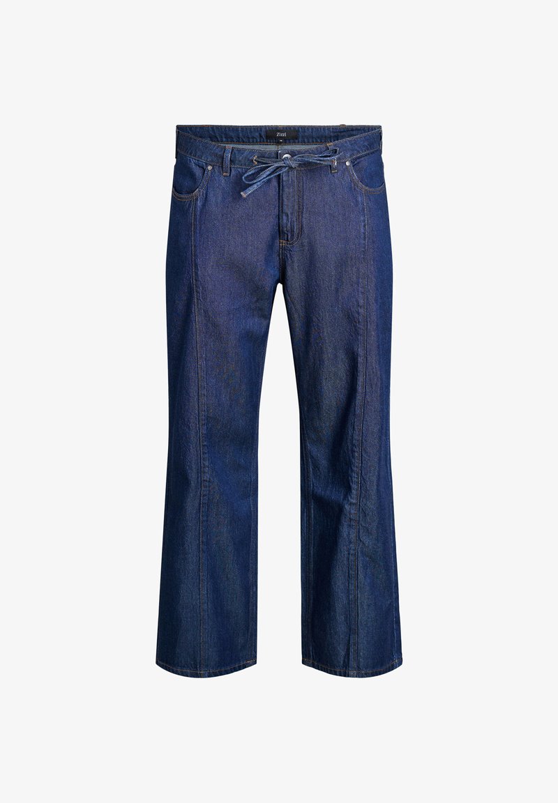 Tamno plave traperice s opuštenim krojem, s remenom na vezanje i klasičnim dizajnom s pet džepova. Vidljive čvrste šavove.