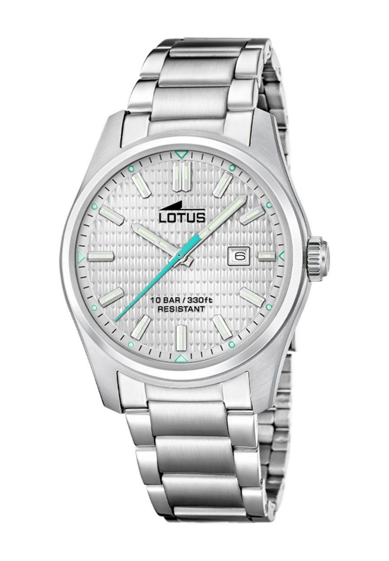 Orologio in acciaio inossidabile argento con quadrante bianco testurizzato, accenti acqua e indicazione della data. Resistente all'acqua fino a 10 BAR, 100 metri.