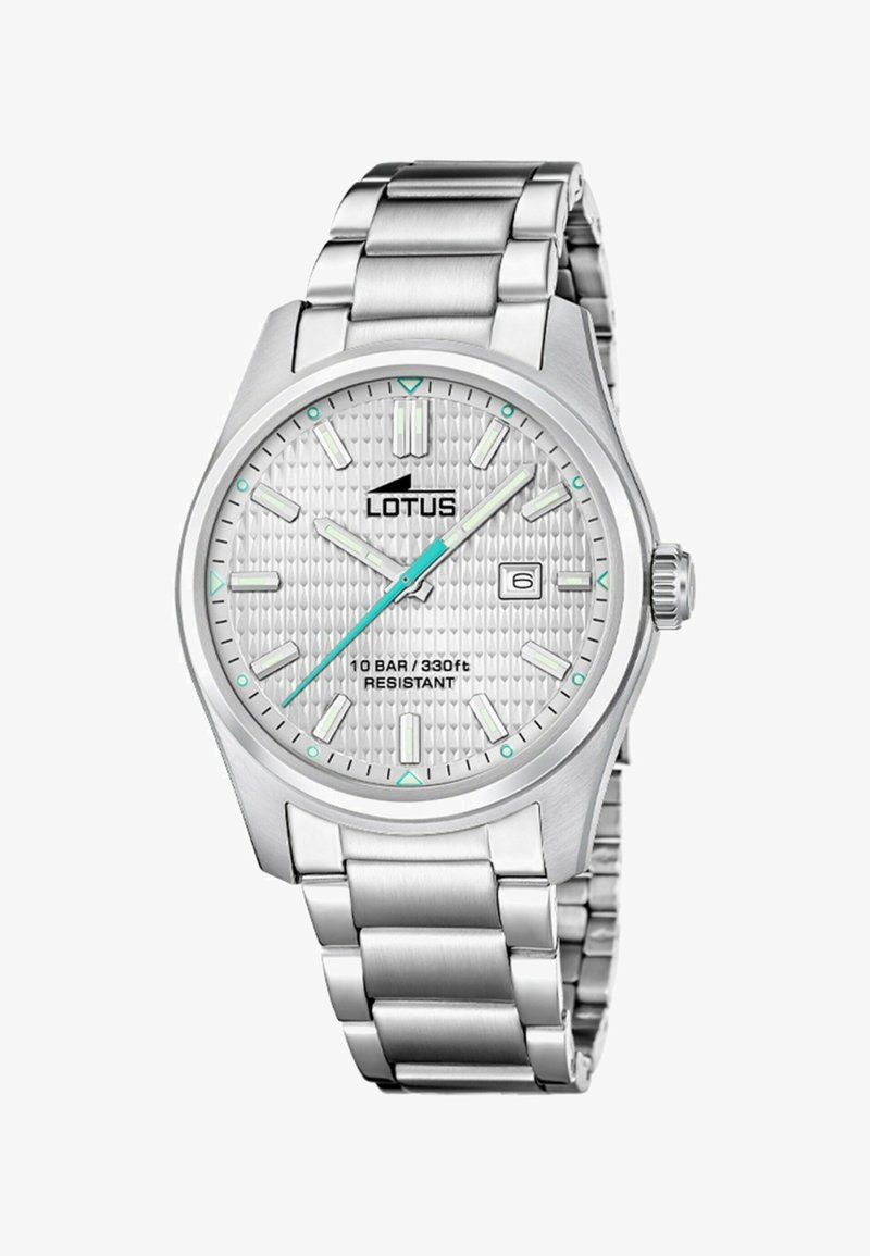 Orologio in acciaio inossidabile argento con quadrante bianco testurizzato, accenti acqua e indicazione della data. Resistente all'acqua fino a 10 BAR, 100 metri.