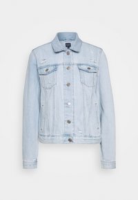 Světle modrá džínsová bunda s límcem, s opotřebovanými detaily, stříbrnými knoflíky a kapsami na prsou; má zkrácený střih a dlouhé rukávy.