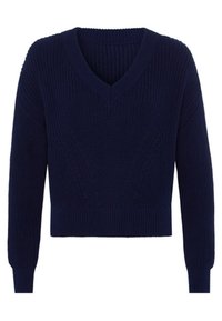 Granatowy sweter dzianinowy z dekoltem w kształcie V, długimi rękawami, ściśle przylegającymi mankietami i pasem, z teksturowanymi wzorami na przodzie i rękawach.