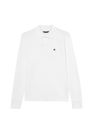 Witte lange mouwen polo shirt van katoen, met een klassieke kraag, een drieknoopsluiting en een marineblauw logo op de linkerborst.