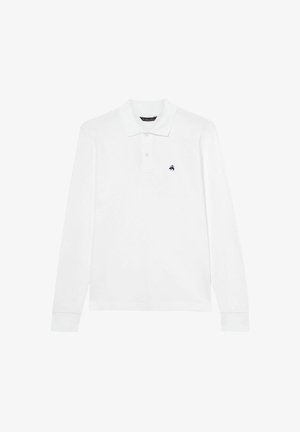 Witte lange mouwen polo shirt van katoen, met een klassieke kraag, een drieknoopsluiting en een marineblauw logo op de linkerborst.