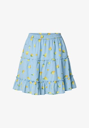 Világoskék, réteges szoknya rugalmas derékrésszel, sárga citrom és zöld levél mintákkal díszítve, fodros szegéllyel.