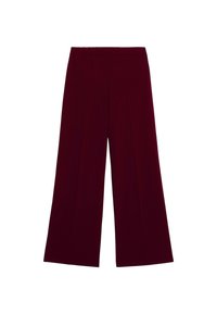 Pantaloni larghi borgogna con vita piatta e pieghe frontali, realizzati in un tessuto leggero.
