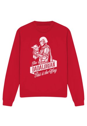 Red sweatshirt with white graphic of a helmeted figure holding a small creature and the text "The Dadalorian This is the Way."