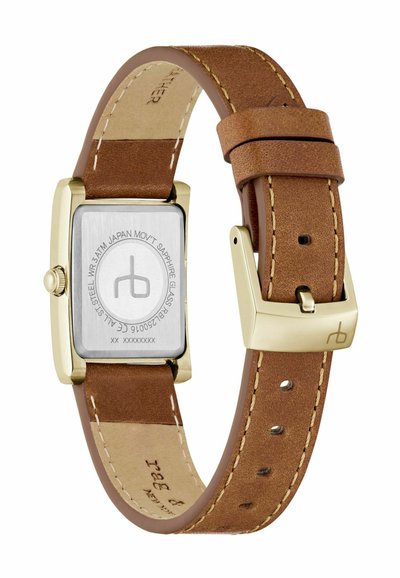 Obdélníkový náramkový hodinky se zlatým kovovým pouzdrem, hnědým koženým páskem a stříbrným nerezovým dnem. Nabízí minimalistický design.