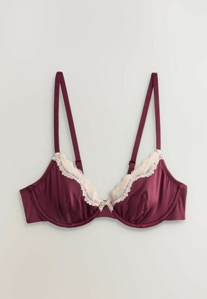 Sutien din satin bordeaux cu dantelă la decolteu, bretele reglabile și o textură netedă. Prezintă un design clasic cu arcuri.