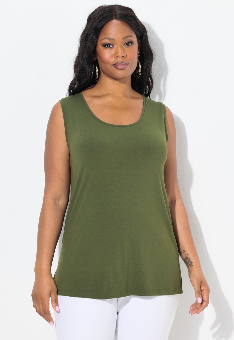 Olivově zelený top bez rukávů vyrobený z měkké látky, s kulatým výstřihem a volným střihem s zaobleným lemem, vhodný pro volný čas.