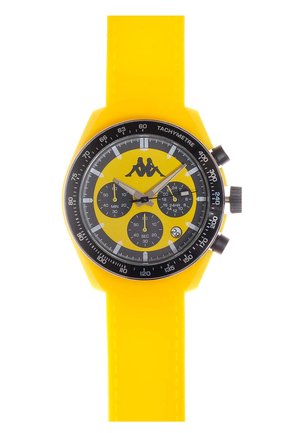 Yellow silicone wristwatch with black tachymeter bezel, large yellow dial, three sub-dials, and Kappa logo prominently displayed.