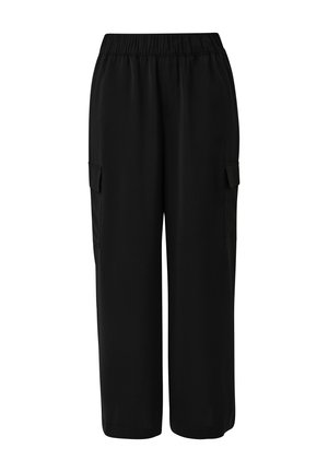 Pantaloni cargo neri con vita elastica, design a gamba larga e due tasche laterali. Realizzati in materiale morbido e leggero.