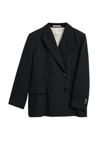 Zwarte dubbelzijdige blazer van geweven stof, met scherpe revers, drie voorkzakken en zwarte knopen voor sluiting.