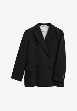 Schwarzer doppelt geknöpfter Blazer aus gewebtem Stoff mit scharfen Revers, drei Vordertaschen und schwarzen Knöpfen zum Schließen.
