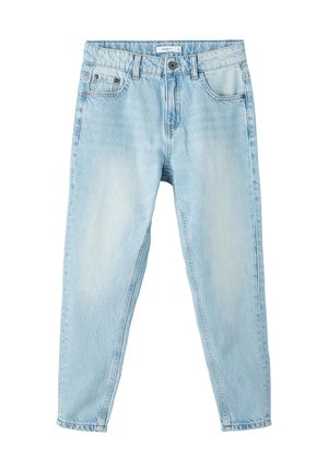 Jasnoniebieskie jeansy z denimu o zwężanych nogawkach, z przodu zapięcie na guziki i zamek błyskawiczny, szlufki na pasek oraz wzór z pięcioma kieszeniami.