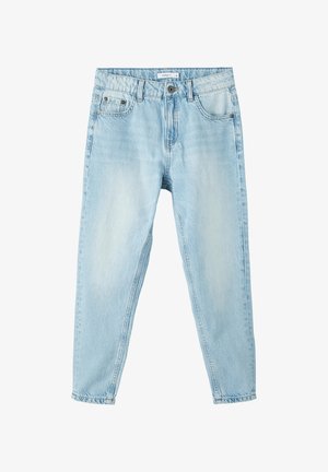 Jasnoniebieskie jeansy z denimu o zwężanych nogawkach, z przodu zapięcie na guziki i zamek błyskawiczny, szlufki na pasek oraz wzór z pięcioma kieszeniami.