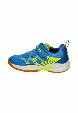Blue and neon green sporty children's sneaker with Velcro strap, mesh fabric, rubber sole, and pull tab at the back.