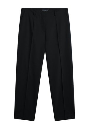 Sorte skræddersyede bukser med bæltestropper, frontplisseringer og sidelommer, designet til formelt eller forretningsbrug.