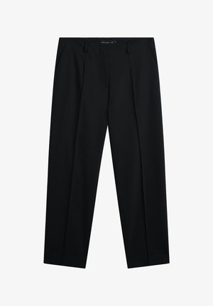 Sorte skræddersyede bukser med bæltestropper, frontplisseringer og sidelommer, designet til formelt eller forretningsbrug.