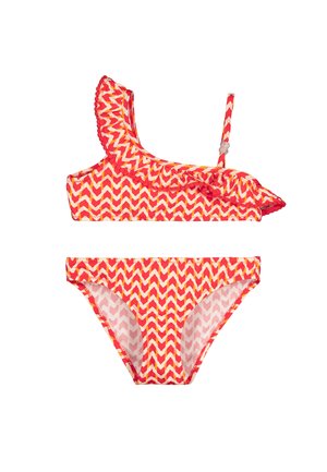 Bañador de dos piezas para niñas con patrón de zigzag en rojo, amarillo y blanco, parte superior de un solo hombro con volantes y braguitas a juego.