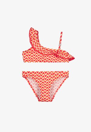Bañador de dos piezas para niñas con patrón de zigzag en rojo, amarillo y blanco, parte superior de un solo hombro con volantes y braguitas a juego.