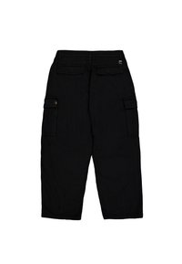 Schwarze Cargohose mit Gürtelschlaufen, zwei Gesäßtaschen mit Klappen und zwei seitlichen Cargotaschen mit Klappen, flach von hinten dargestellt.