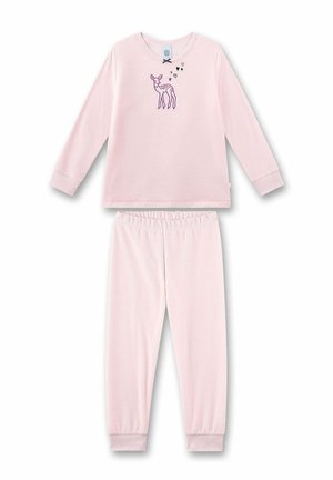 Pigiama rosa chiaro con maglia a maniche lunghe e pantaloni, con ricamo sul petto di un piccolo cervo viola e cuori neri.