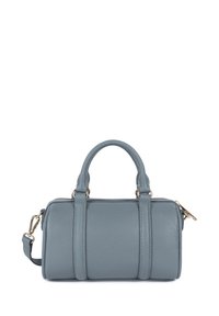 Borsa a mano in pelle grigia con texture a granuli, doppi manici superiori, tracolla removibile e hardware della cerniera in tonalità oro.