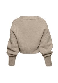 Pulover scurt din tricot bej deschis. Are mâneci largi și pufoase și un decolteu rotund. Țesătură texturată cu accente cu nervuri în jurul manșetelor.