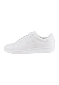 Sneaker bianco con esterno in pelle liscia, punta arrotondata, dettagli laterali perforati e suola in gomma flessibile. Presenta chiusura con lacci.