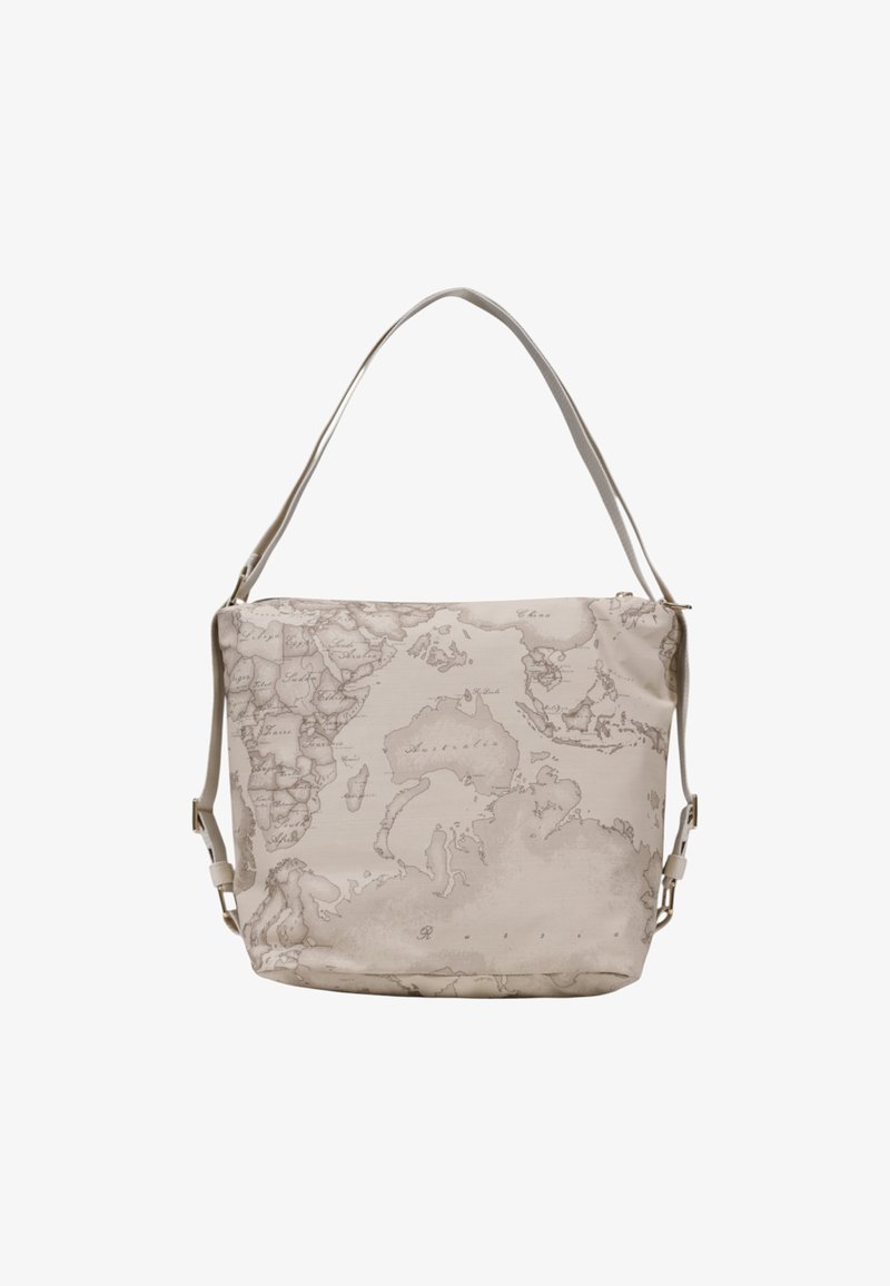 Borsa a spalla in tela di colore beige chiaro con motivo mappa del mondo. Presenta una sola tracolla e una forma rettangolare semplice.