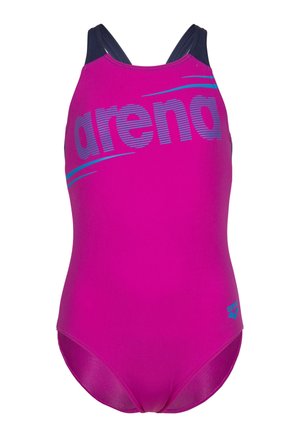 Costume intero viola con spalline blu navy e logo "arena" azzurro chiaro sul petto e piccolo emblema vicino all'anca.