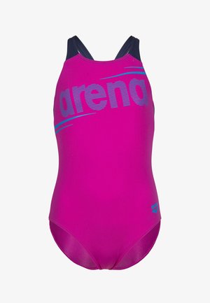 Maillot de bain une pièce violet avec bretelles bleu marine et logo "arena" bleu clair sur la poitrine et petit emblème près de la hanche.