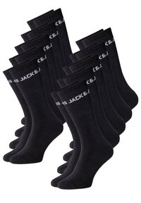 Black socks in a pack of multiple pairs, featuring ribbed texture with white branding on the cuffs. Standard length, reinforced toe design.