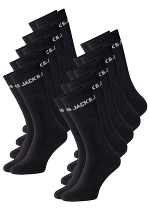 Schwarze Socken im Mehrpack, mit geripptem Muster und weißem Logo an den Bündchen. Standardlänge, verstärktes Zehendesign.