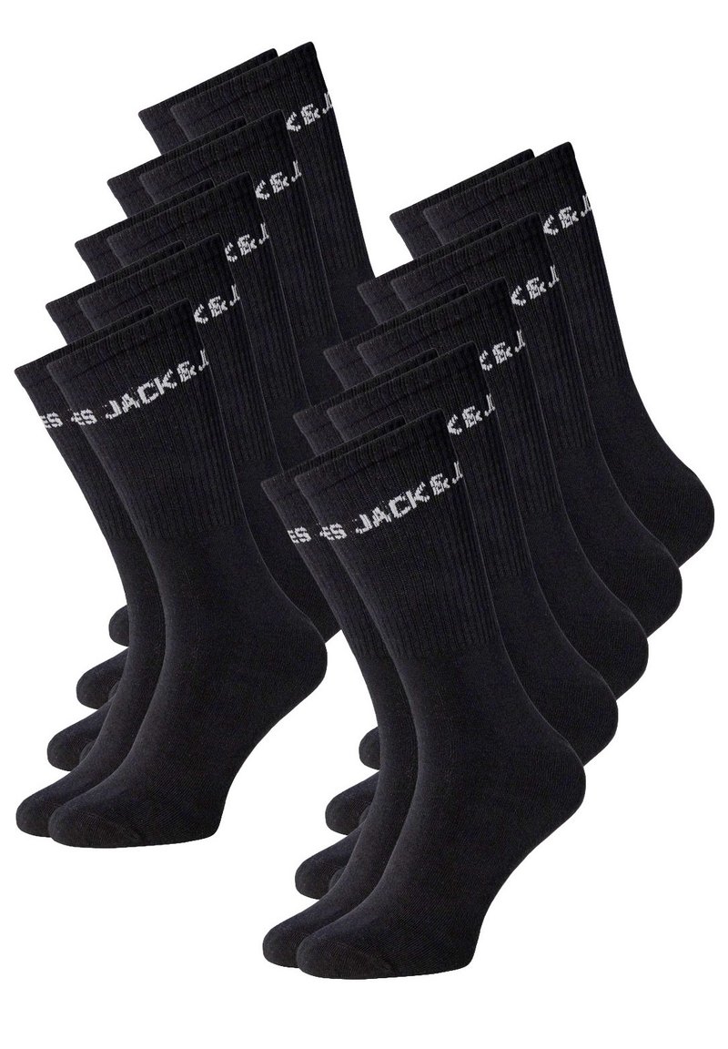 Black socks in a pack of multiple pairs, featuring ribbed texture with white branding on the cuffs. Standard length, reinforced toe design.