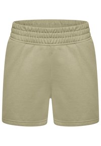 Light green cotton shorts with an elastic waistband, featuring a smooth texture and stitched hem. No pockets or additional details visible.