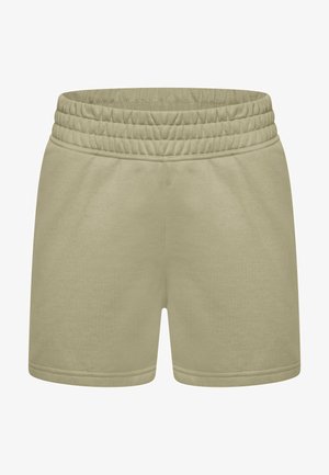 Pantaloni corti di cotone verde chiaro con vita elasticizzata, caratterizzati da una texture liscia e orlo cucito. Nessuna tasca o dettagli aggiuntivi visibili.