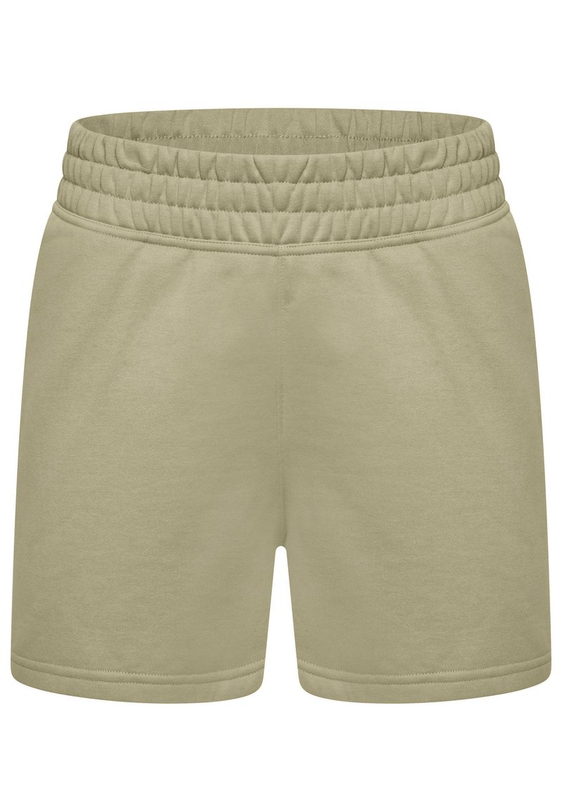 Light green cotton shorts with an elastic waistband, featuring a smooth texture and stitched hem. No pockets or additional details visible.